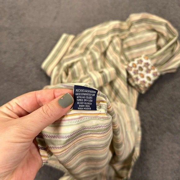 Robert Graham Shirt Mens Large Green Striped Woven Flip Cuff Geometric Going Out - Picture 13 of 13